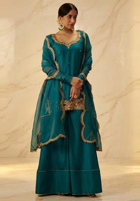 Teal Blue Embroidered Handwork Sharara Set
