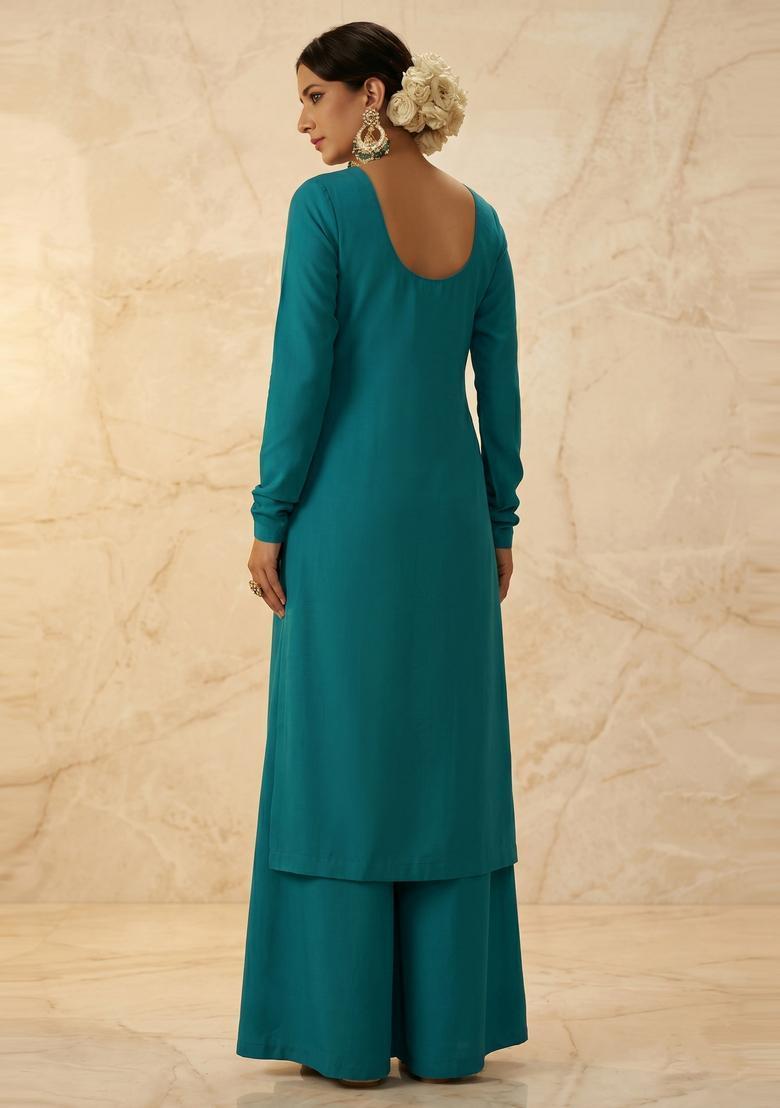 Teal Blue Embroidered Handwork Sharara Set - Indya