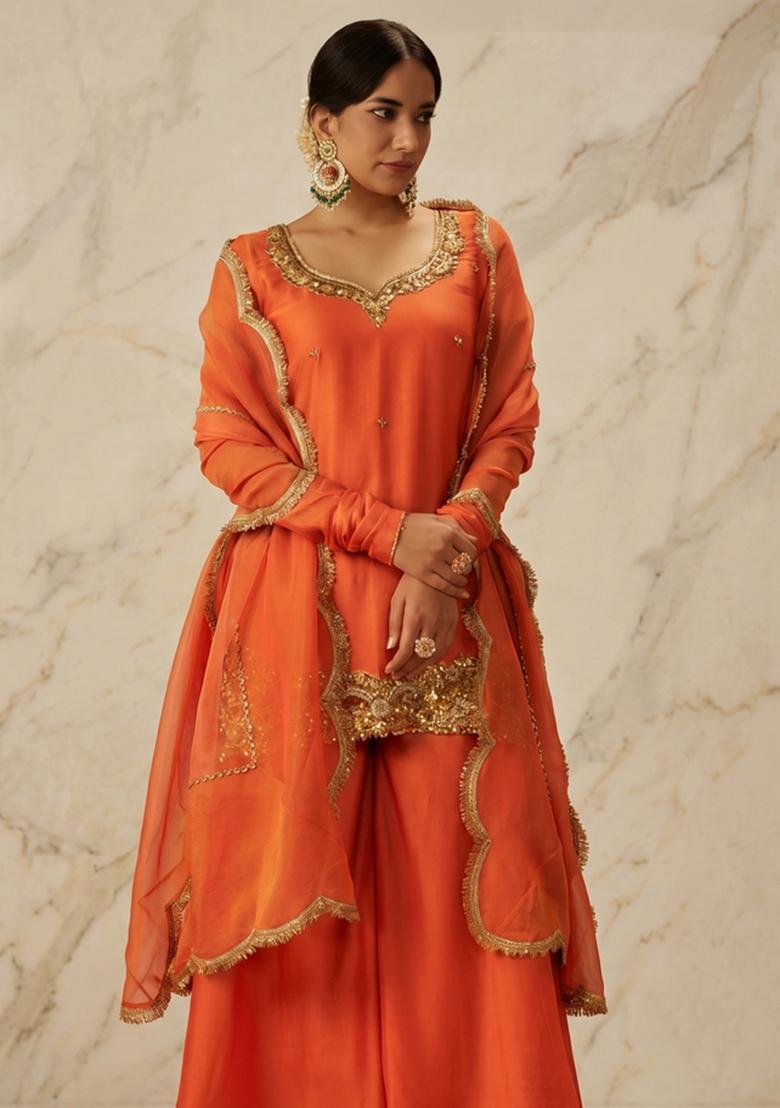 Rust Orange Embroidered Handwork Sharara Set - Indya