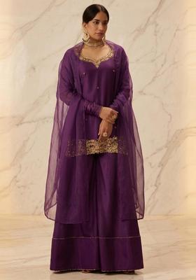 Deep Purple Embroidered Handwork Sharara Set