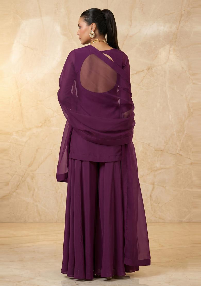 Deep Wine Embroidered Handwork Sharara Set - Indya