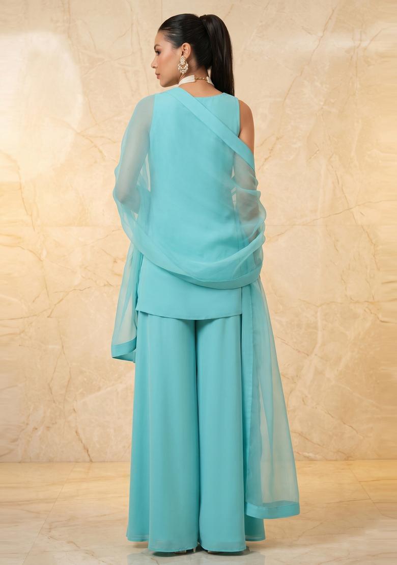 Sky Blue Embroidered Handwork Sharara Set - Indya