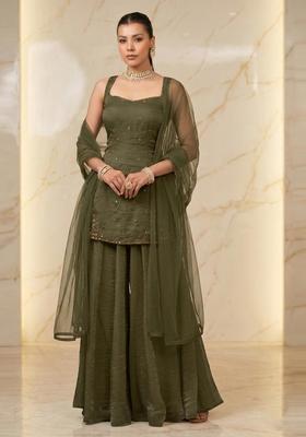 Deep Olive Embroidered Handwork Sharara Set