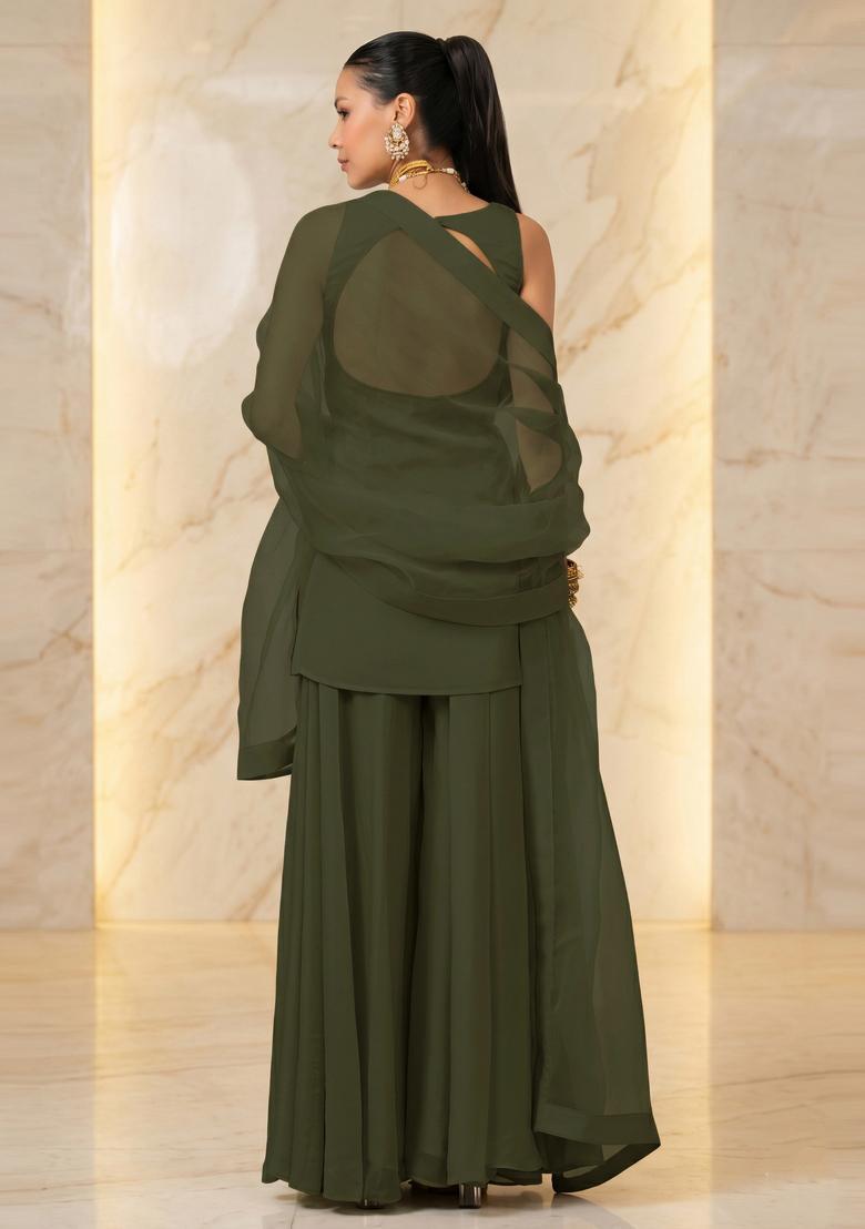 Deep Olive Embroidered Handwork Sharara Set - Indya