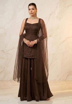 Chocolate Brown Embroidered Handwork Sharara Set