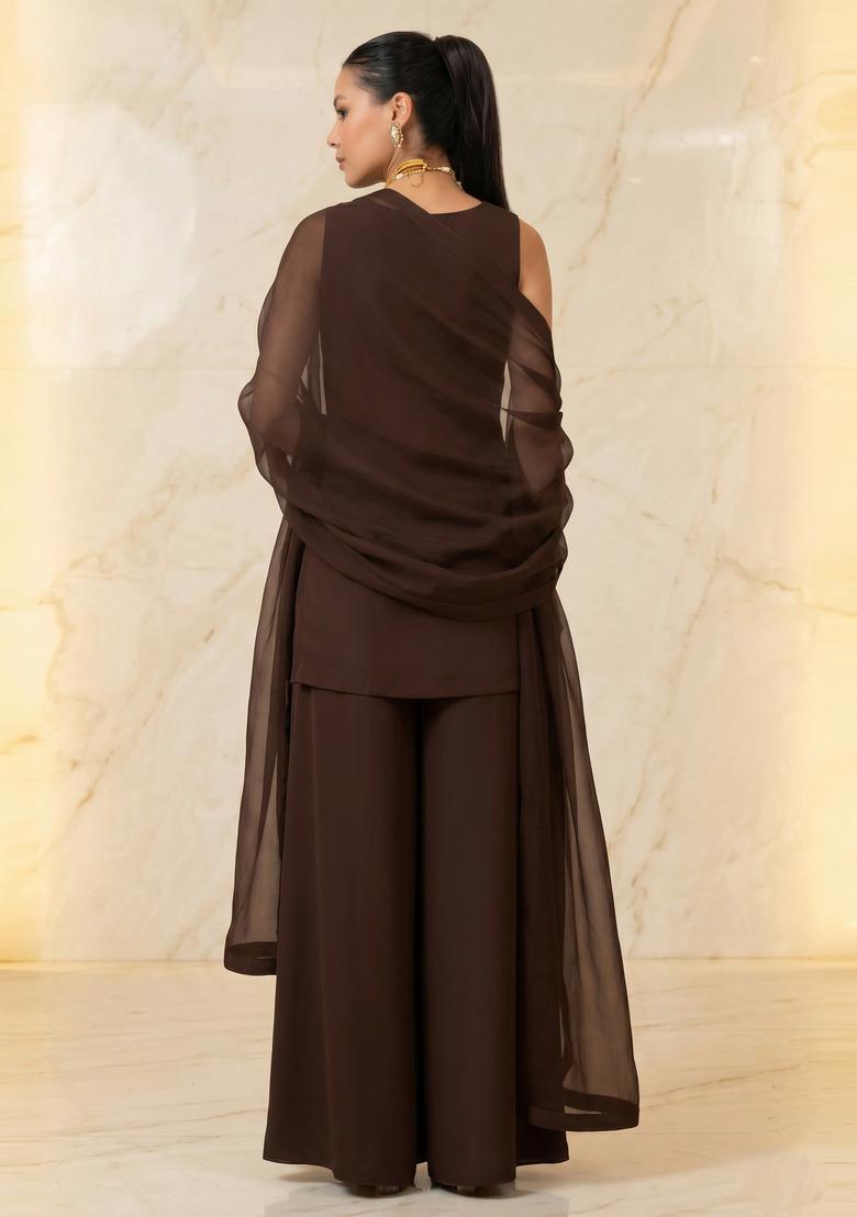 Chocolate Brown Embroidered Handwork Sharara Set - Indya
