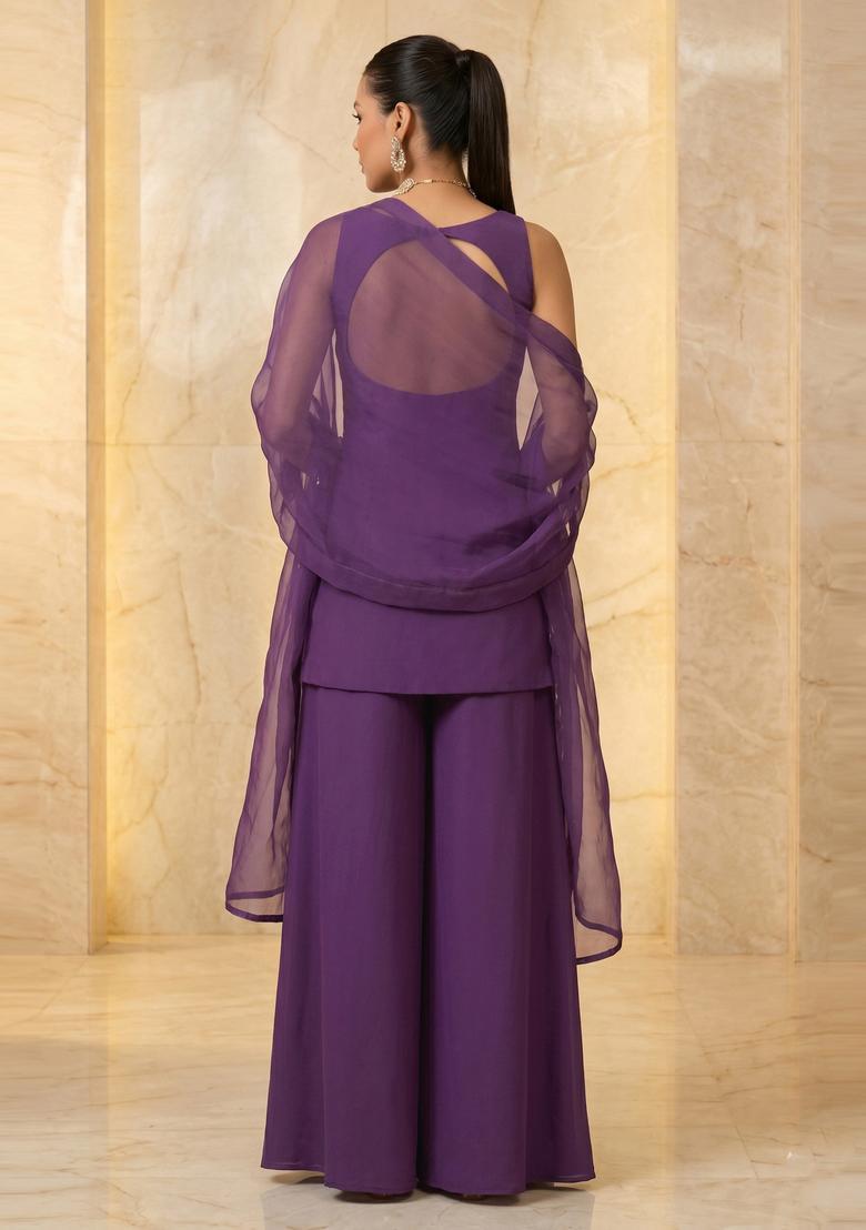 Deep Purple Embroidered Handwork Sharara Set - Indya