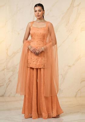 Dusty Peach Embroidered Handwork Sharara Set