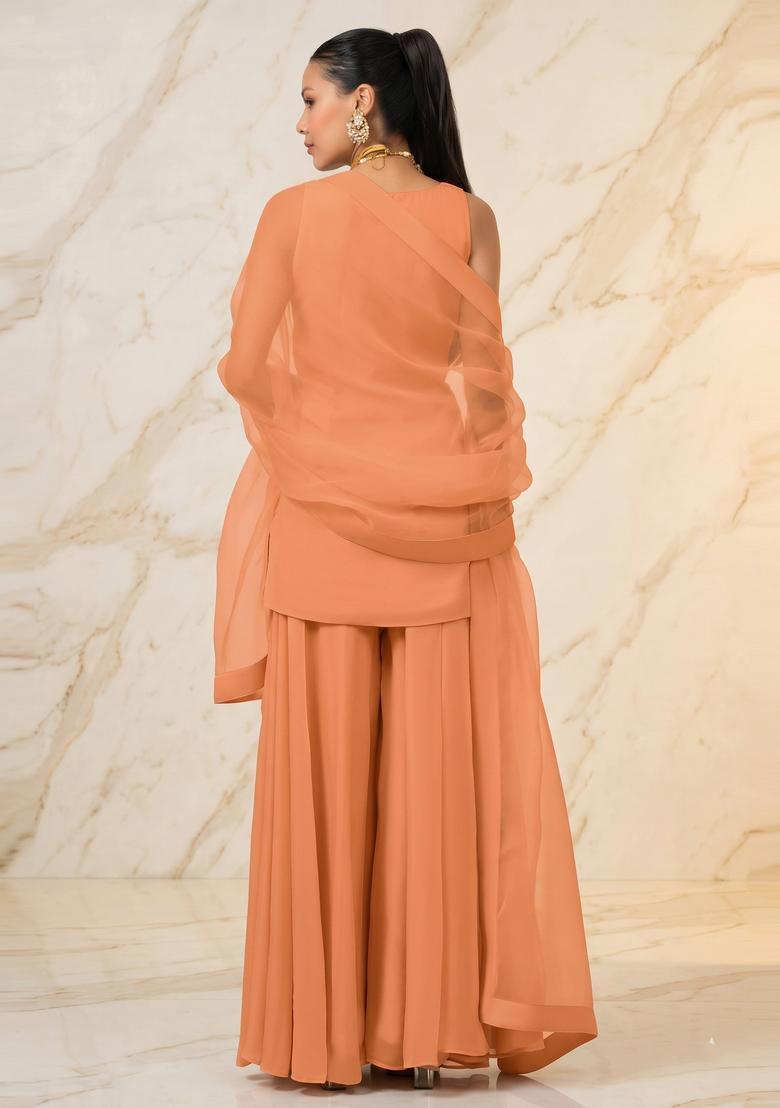 Dusty Peach Embroidered Handwork Sharara Set - Indya
