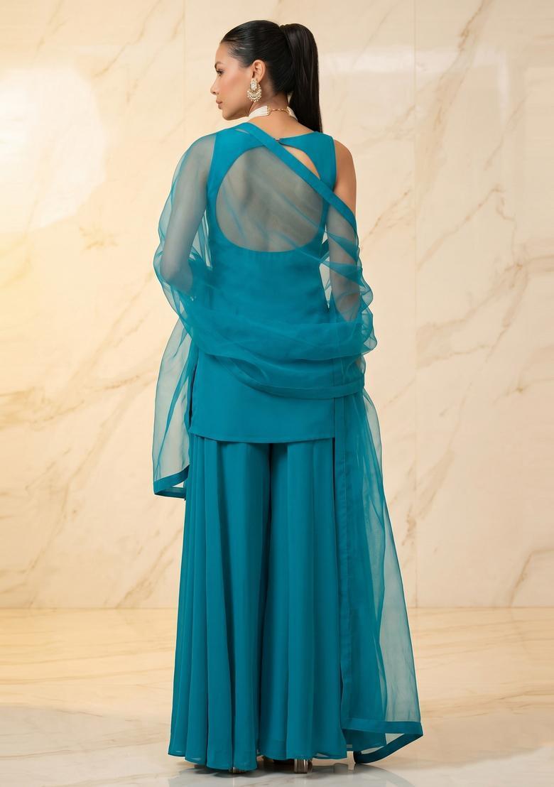 Teal Blue Embroidered Handwork Sharara Set - Indya