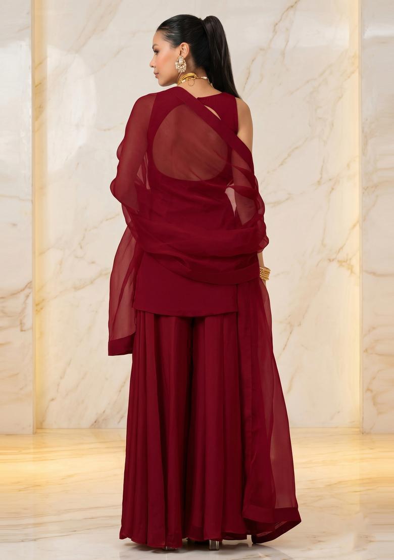 Deep Maroon Embroidered Handwork Sharara Set - Indya