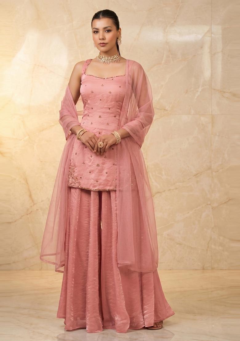 Dusty Pink Embroidered Handwork Sharara Set - Indya