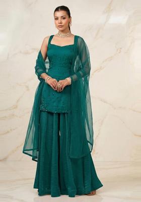 Teal Green Embroidered Handwork Sharara Set