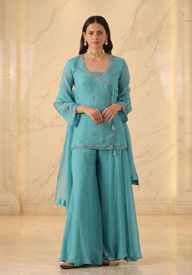 Sky Blue Embroidered Handwork Sharara Set
