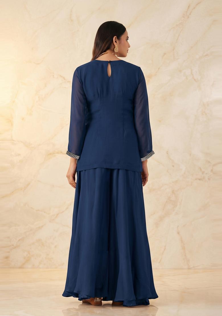 Navy Blue Embroidered Handwork Sharara Set - Indya