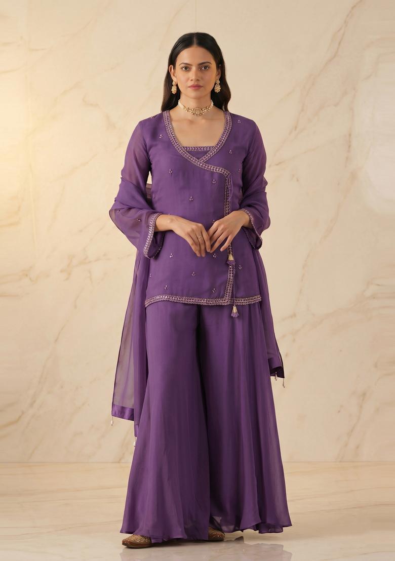 Purple Embroidered Handwork Sharara Set - Indya