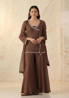 Chocolate Brown Embroidered Handwork Sharara Set