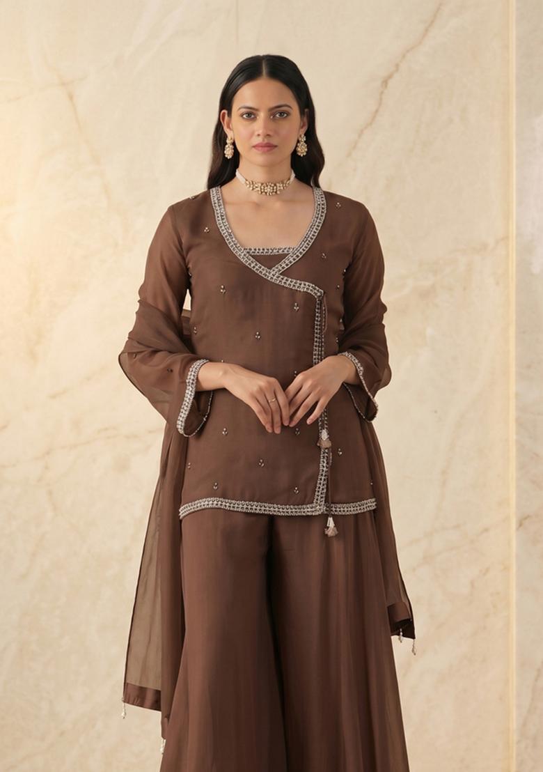 Chocolate Brown Embroidered Handwork Sharara Set - Indya