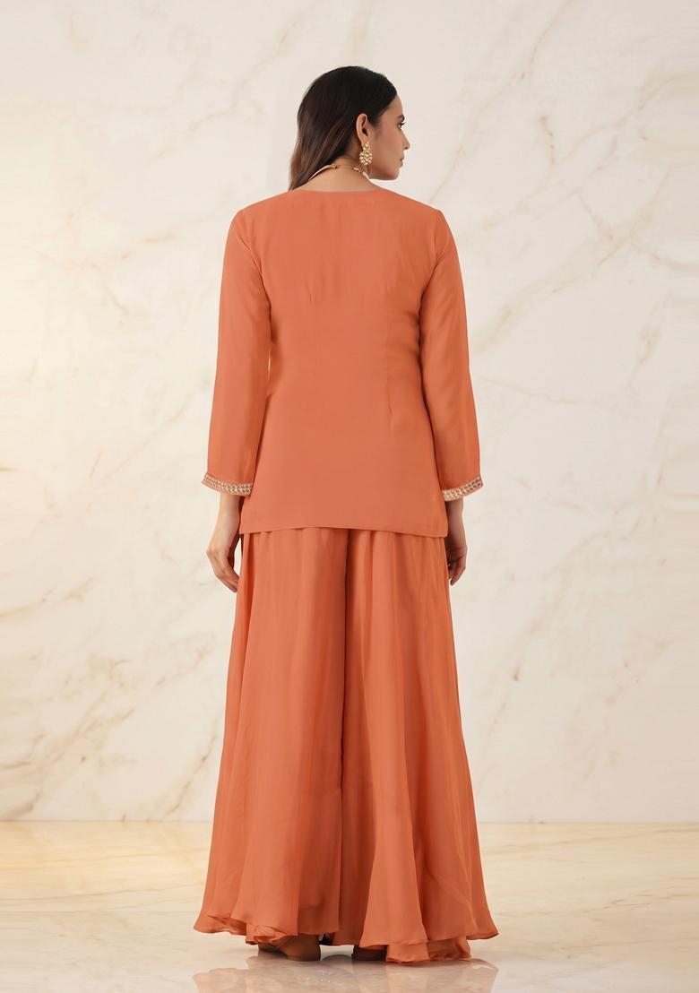 Rust Orange Embroidered Handwork Sharara Set - Indya