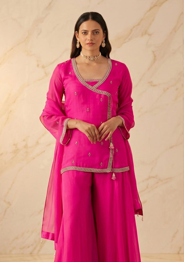 Magenta Pink Embroidered Handwork Sharara Set - Indya
