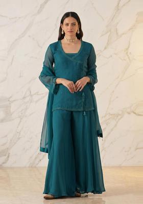 Deep Teal Embroidered Handwork Sharara Set