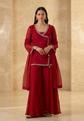 Deep Red Embroidered Handwork Sharara Set