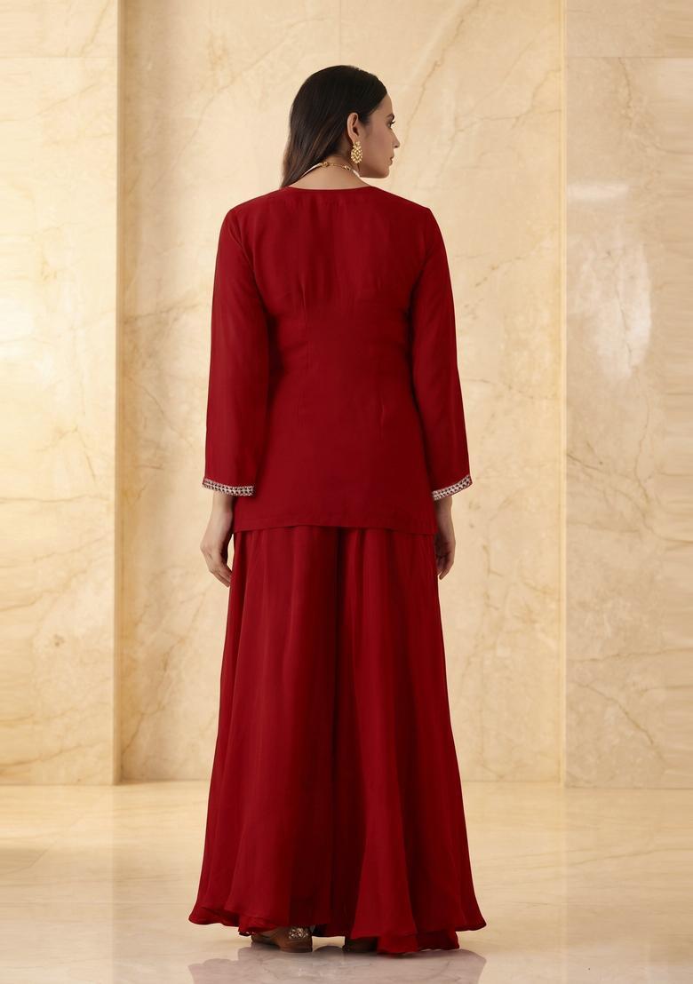 Deep Red Embroidered Handwork Sharara Set - Indya