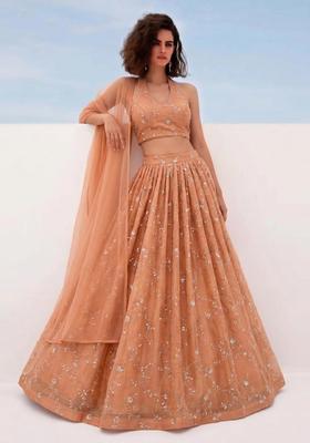 Dusty Peach Embroidered Organza Lehenga Set