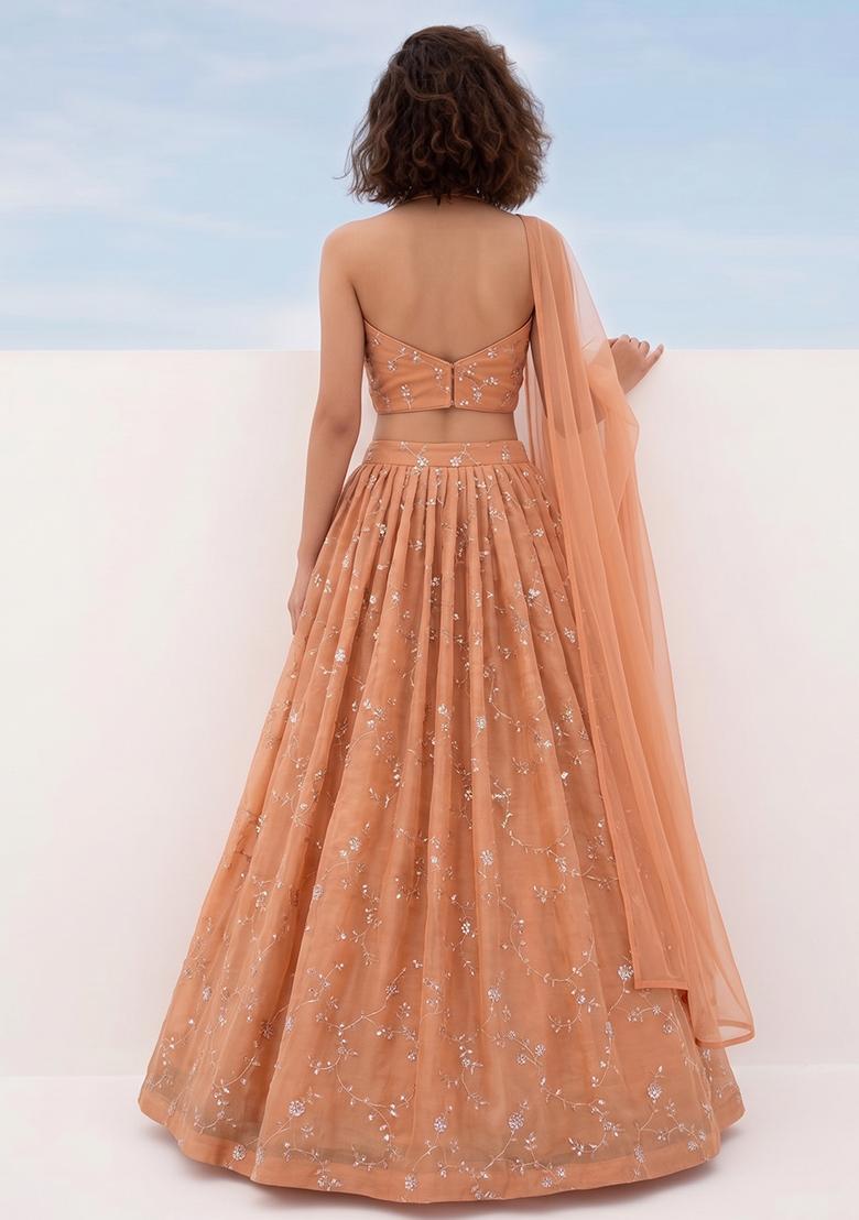 Dusty Peach Embroidered Organza Lehenga Set - Indya