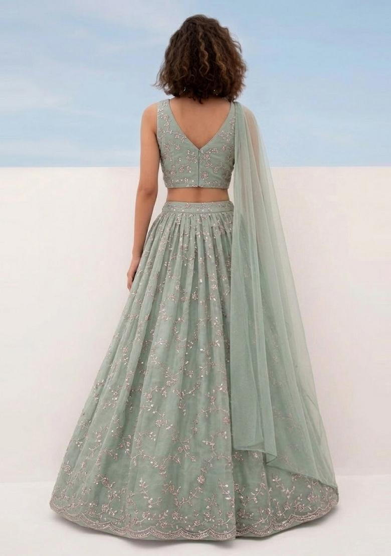 Sage Green Embroidered Organza Lehenga Set - Indya