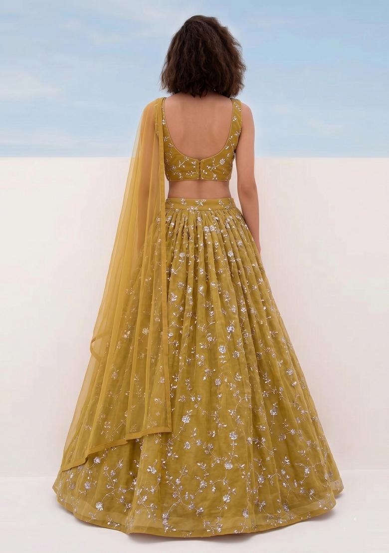 Mustard Embroidered Organza Lehenga Set - Indya