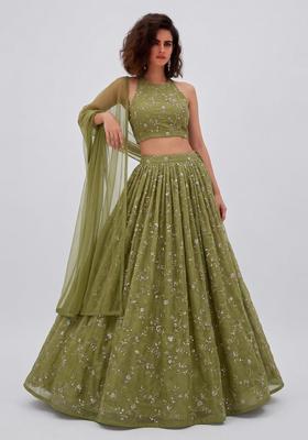 Olive Green Embroidered Organza Lehenga Set