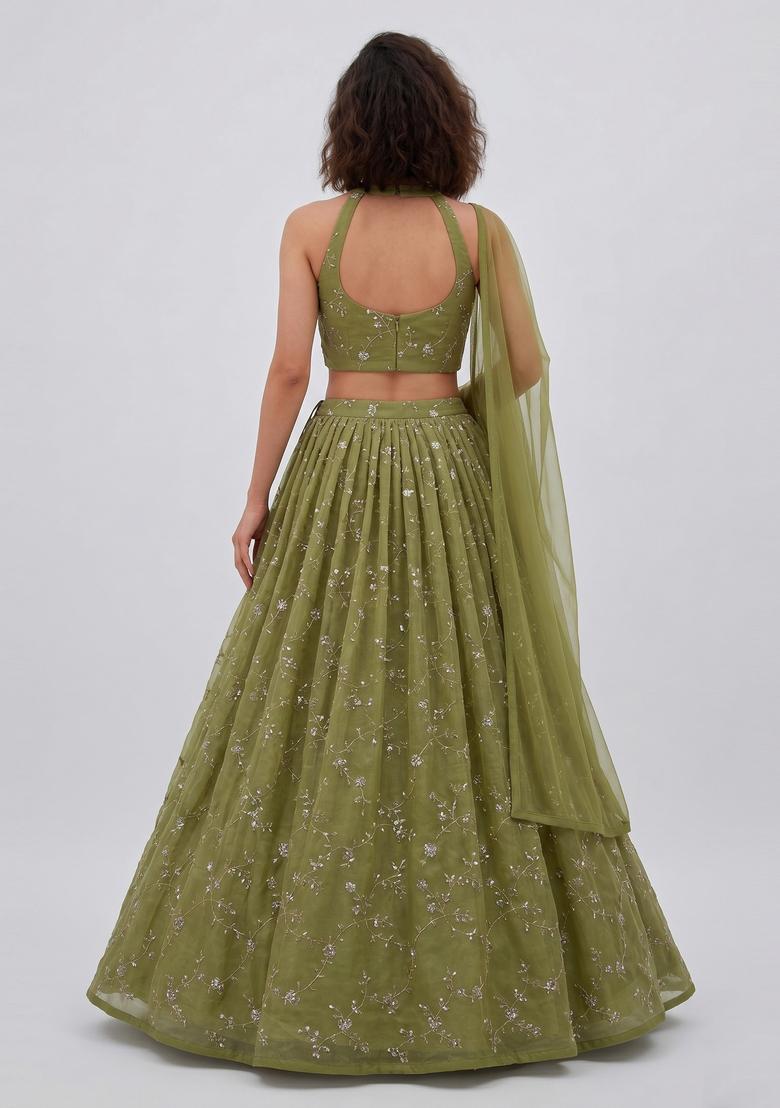 Olive Green Embroidered Organza Lehenga Set - Indya