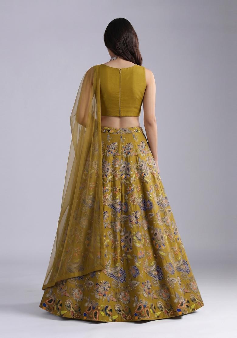 Olive Green Embroidered Crepe Lehenga Set - Indya