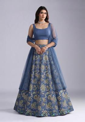 Dusty Blue Embroidered Crepe Lehenga Set