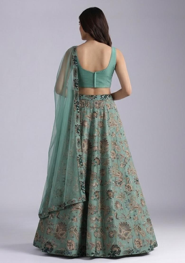 Mint Green Embroidered Crepe Lehenga Set - Indya