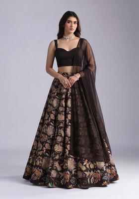Dark Brown Embroidered Crepe Lehenga Set
