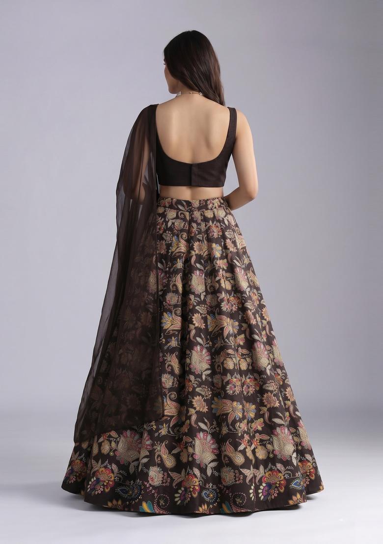 Dark Brown Embroidered Crepe Lehenga Set - Indya