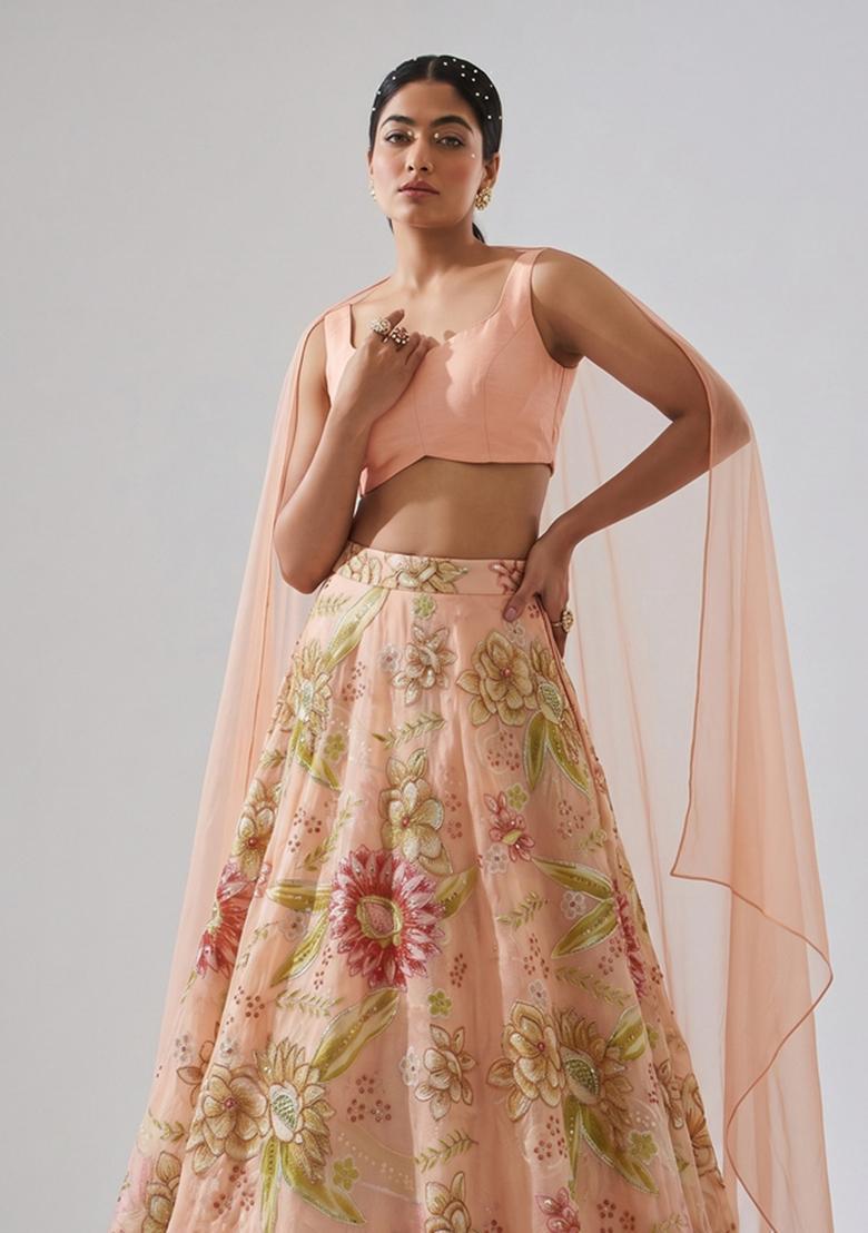 Soft Peach Embroidered Organza Lehenga Set - Indya