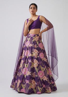Dark Purple Embroidered Organza Lehenga Set
