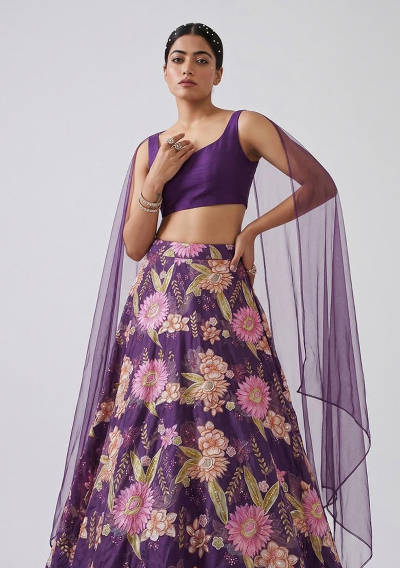 Dark Purple Embroidered Organza Lehenga Set - Indya