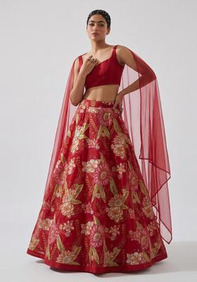 Deep Red Embroidered Organza Lehenga Set