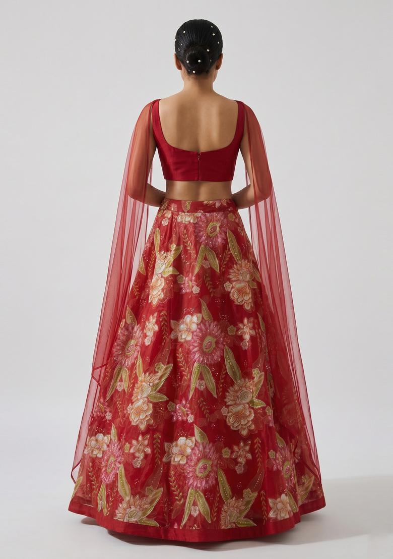 Deep Red Embroidered Organza Lehenga Set - Indya