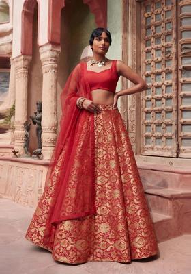 Deep Red Brocade Lehenga Set