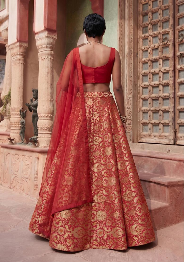 Deep Red Brocade Lehenga Set - Indya