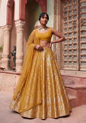 Mustard Brocade Lehenga Set