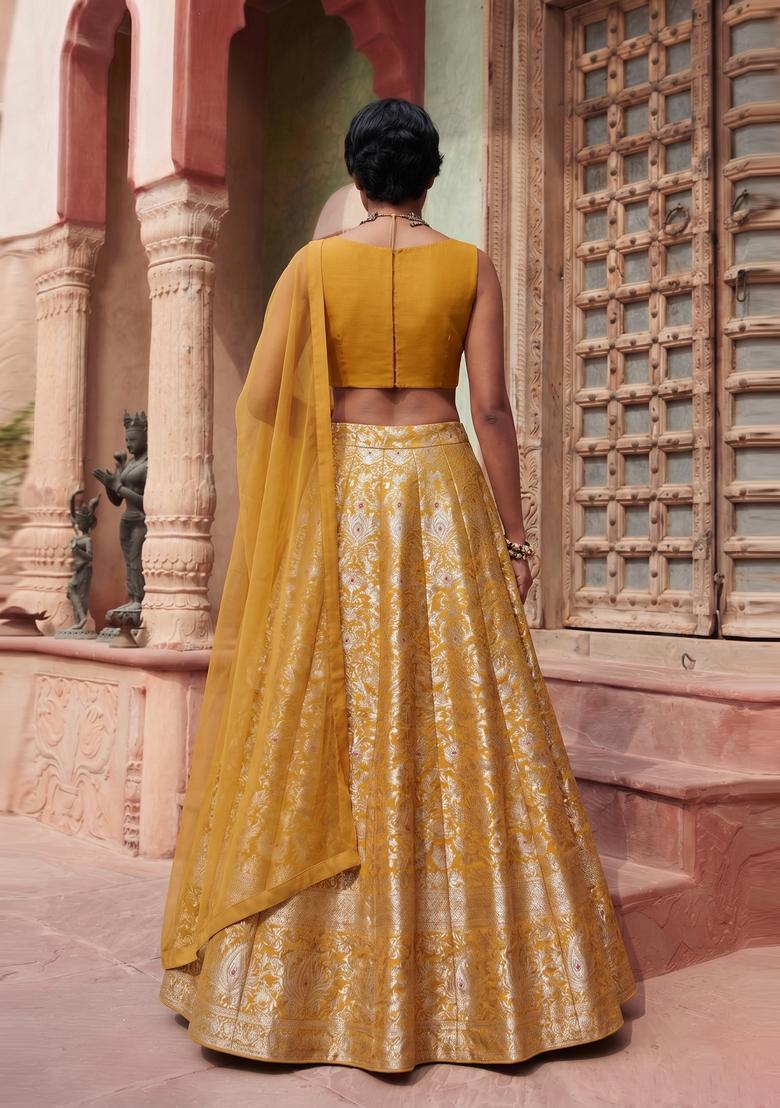Mustard Brocade Lehenga Set - Indya
