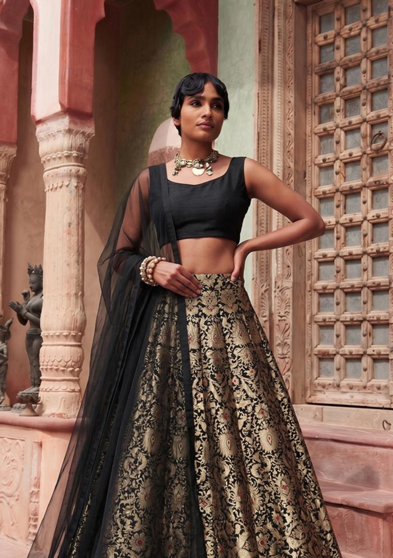 Black Brocade Lehenga Set - Indya