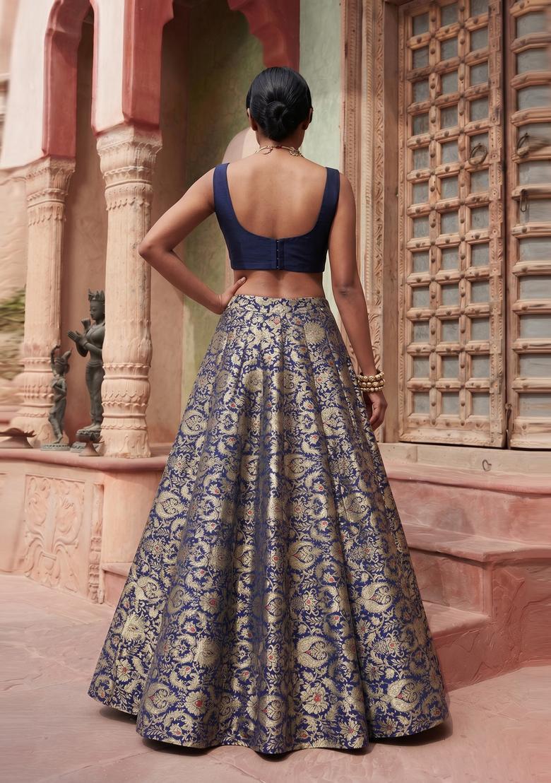 Navy Blue Brocade Lehenga Set - Indya