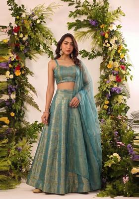Teal Blue Brocade Lehenga Set